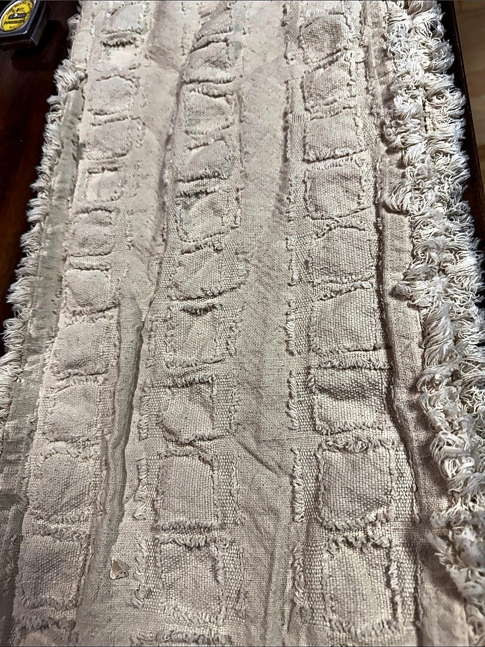 8 foot table runner. Beige in color and cotton. Very rustic
